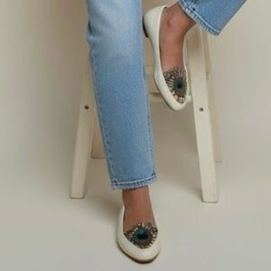 Vintage Comeco Collection Real Peacock Feather Cream Leather Pointed Flats - 8